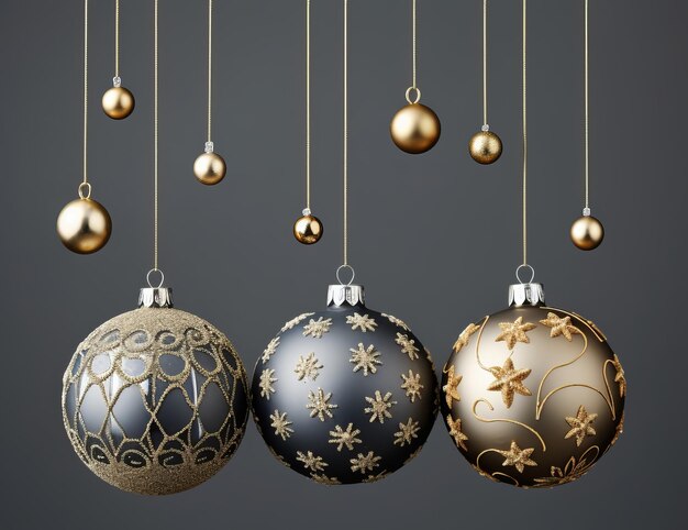 Drie kerstballen in gouden en zwarte kleuren op een zwarte achtergrond