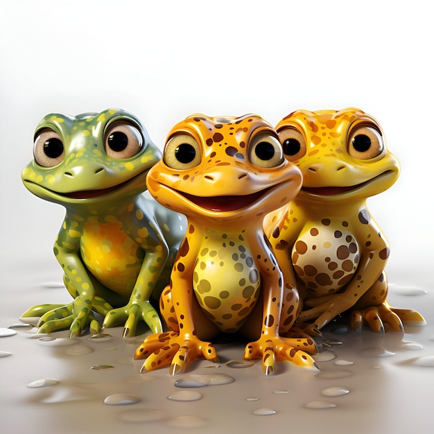 Foto drie kikkers op een grijze achtergrond 3d-weergave illustratie