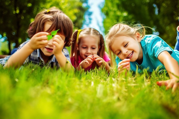 Drie kinderen die op het gras liggen te spelen Gegenereerde Ai