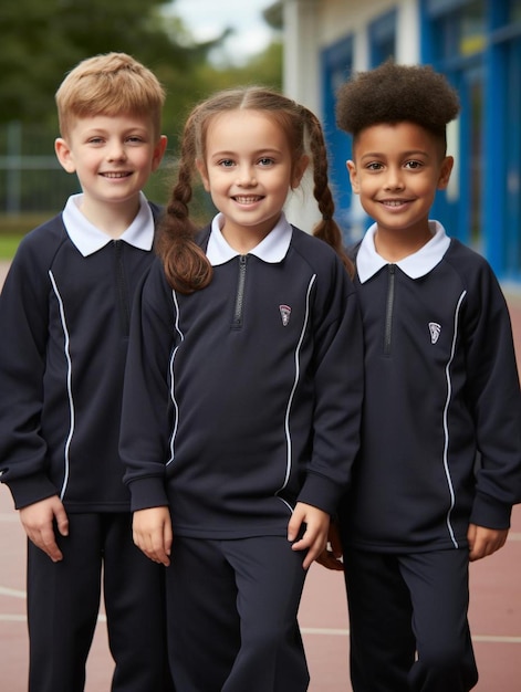 Foto drie kinderen in uniformen met de tekst 