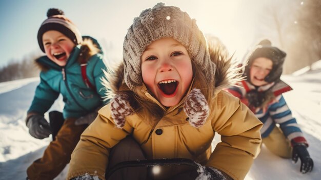 Foto drie kinderen in winterkleding die in de sneeuw spelen ai