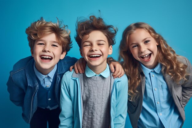 Drie kinderen lachen en lachen met hun armen om elkaar.