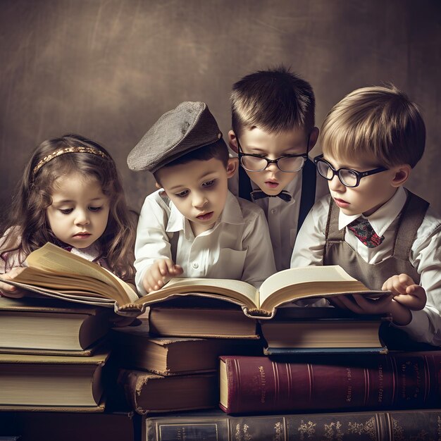 Drie kinderen lezen samen een boek