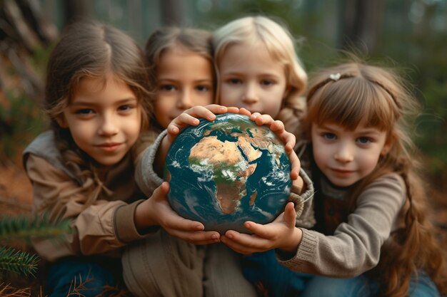 drie kinderen met een bol in hun handen in een bos generatieve ai