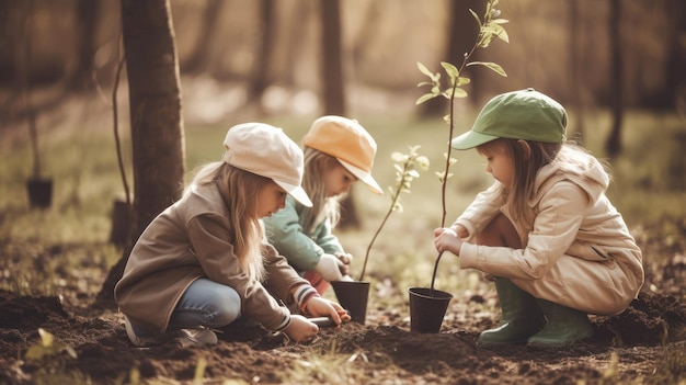 Drie kinderen planten een boom in het bos