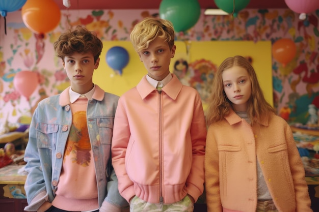 Foto drie kinderen poseren samen voor ballonnen.