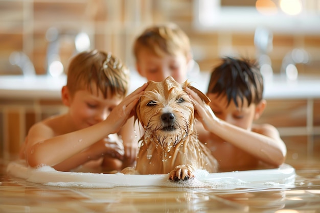 Drie kinderen spelen met een hond in een badkuip.