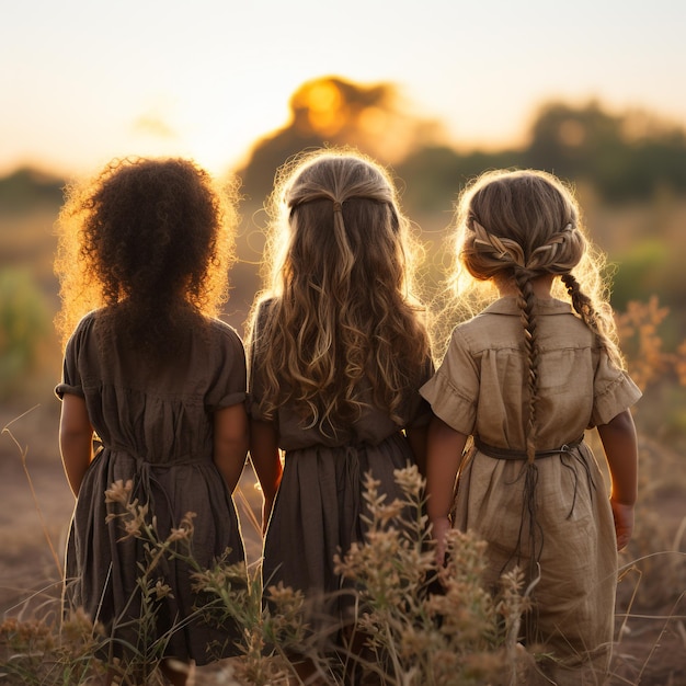 Drie kinderen staan met hun rug naar de camera te lopen