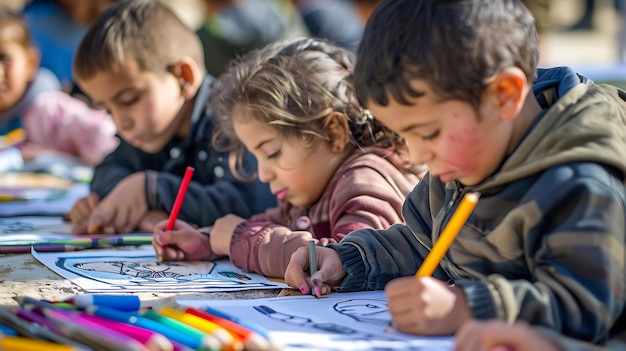 Foto drie kinderen tekenen met gekleurde potloden aan een tafel. ze dragen allemaal casual kleding.