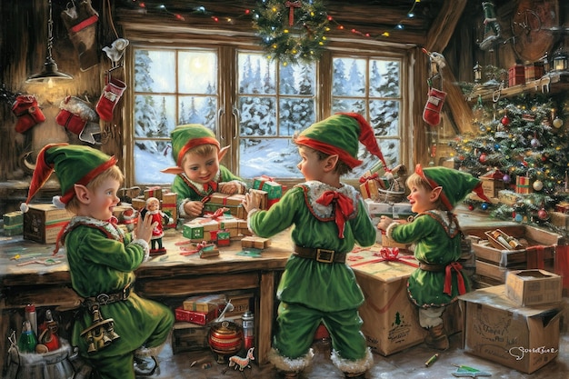 Drie kinderen werken samen om een kerstboom te versieren met sieraden, lichten en kralen. Speelse elfen bereiden geschenken voor in de werkplaats van de kerstman.