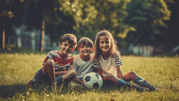 Drie kinderen zitten op het gras met een voetbal