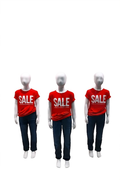 Drie kindermannequins in rode t-shirts met de woorden SALE op een witte achtergrond