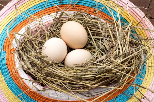 Drie kippeneieren in een nest van oude hoeden en hooi