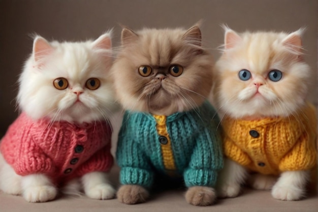Drie kittens zitten naast elkaar en één heeft een trui aan.