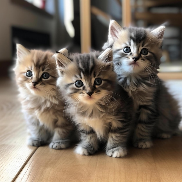 Foto drie kittens zitten op een houten vloer, een daarvan is het woord kat.