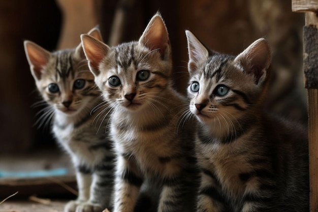 Drie kittens zitten op een rij, waarvan er één blauw is en de ander zwart.