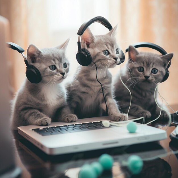 Drie kittens zittend op een tafel met een koptelefoon op en een laptop generatieve ai