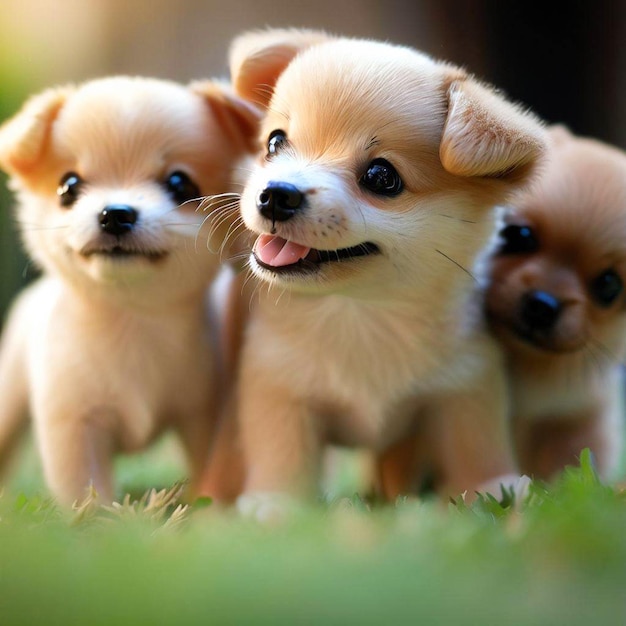 Drie kleine honden staan in het gras.