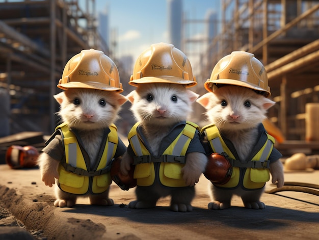 Drie kleine kittens met harde hoeden en vesten staan in een bouwplaats generatieve ai
