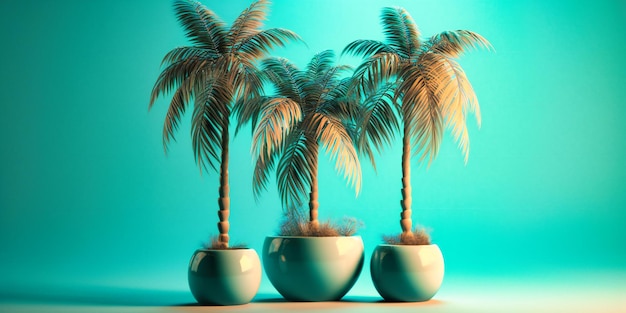 Drie kleine palmbomen op een eiland in blauwe kleur