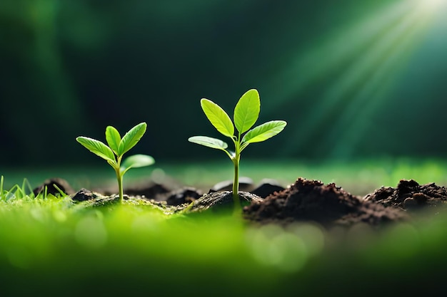 Drie kleine planten groeien in de grond met groene achtergrond