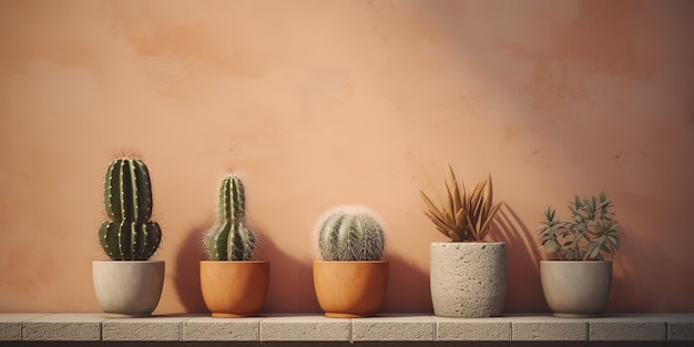 drie kleine potcactusplanten op beton voor een felgekleurde muur