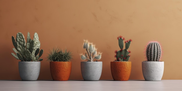 drie kleine potcactusplanten op beton voor een felgekleurde muur