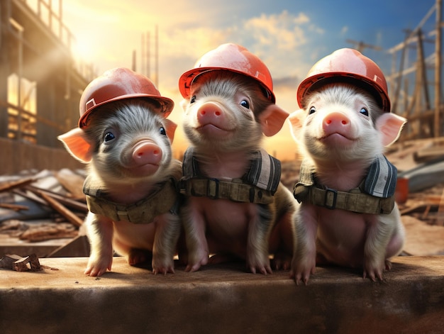 Drie kleine varkens met harde hoeden zitten op een richel generatieve ai