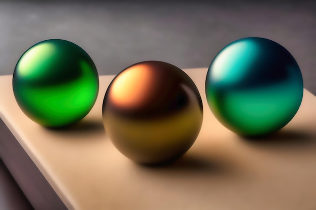 Drie kleurrijke ballen op een tafel met het woord bovenaan.