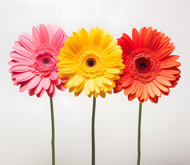 Foto drie kleurrijke bloemen met een geel midden en rode en roze bloemblaadjes