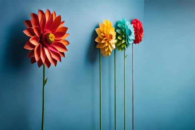 Foto drie kleurrijke bloemen staan opgesteld tegen een blauwe muur.