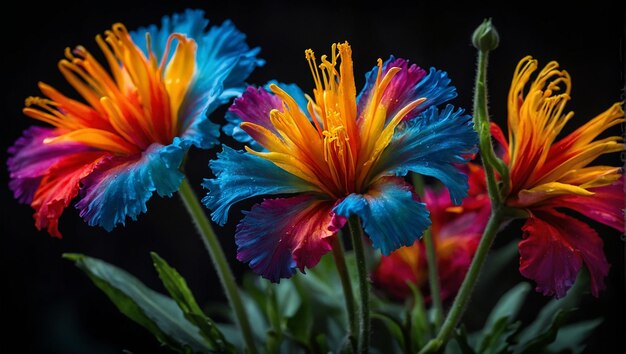 Foto drie kleurrijke bloemen.