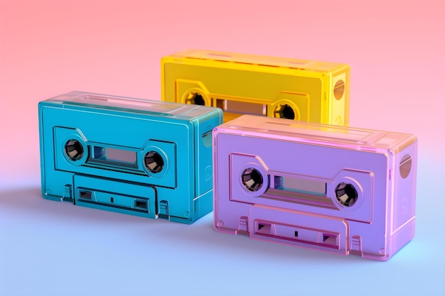 Drie kleurrijke cassettes staan opgesteld tegen een roze en blauwe achtergrond.