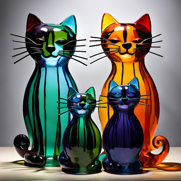 Foto drie kleurrijke glazen katten staan naast elkaar.