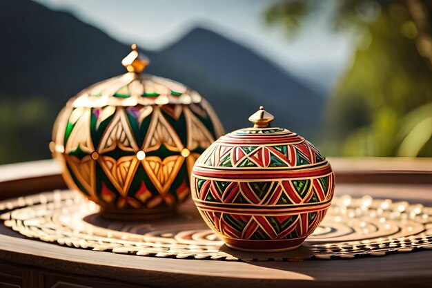 Drie kleurrijke schalen zitten op een tafel met een berg op de achtergrond.