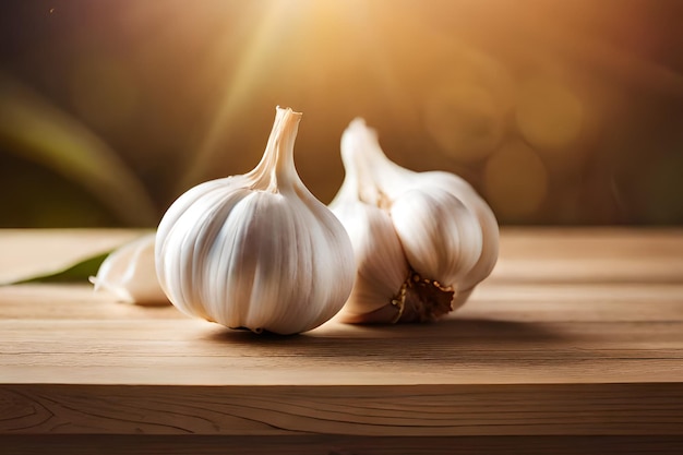 Drie knoflook op een houten tafel met een zon erachter