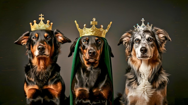 Foto drie koninklijke honden met kronen leuke huisdieren die koninklijk poseren ideaal voor kinderverhalen of inhoud over dieren ai