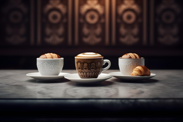 Drie kopjes koffie met een latte art erop