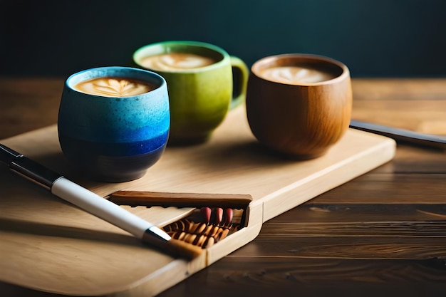 Foto drie kopjes koffie met een lepel op een houten tafel.
