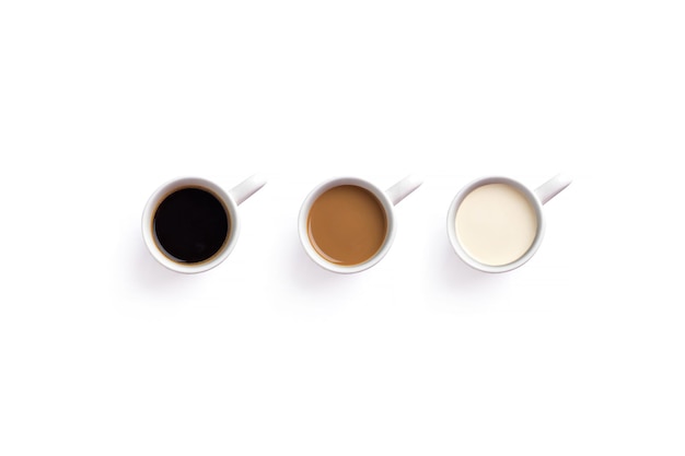 Drie kopjes koffie met verschillende soorten koffie op een witte achtergrond