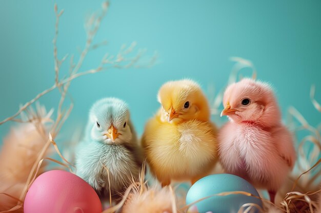 Drie kuikens zitten op een bed van stro met twee eieren voor hen.