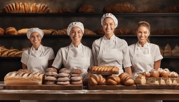 drie lachende bakkerijmedewerkers staan naast brood