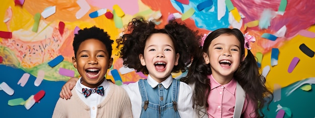 Foto drie lachende schoolkinderen op een veelkleurige muur gemaakt met generatieve ai-technologie