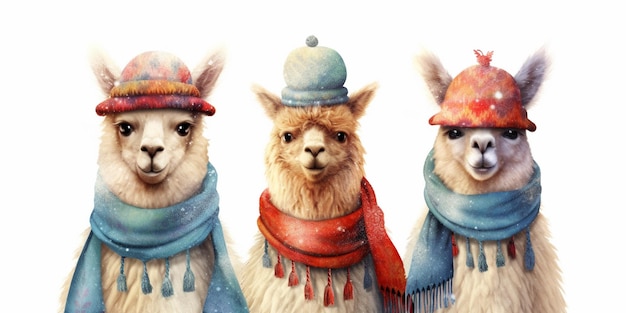 Drie lama's met hoeden en sjaals staan op een rij generatieve ai