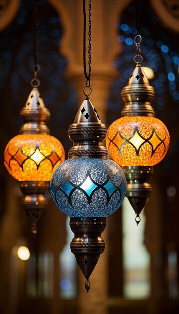 Drie lantaarns hangen op kettingen en schijnen's nachts in het donkere Ramadan concept