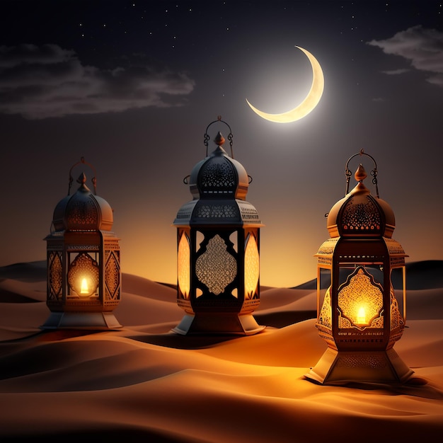 Drie lantaarns in de woestijn met de maan op de achtergrond