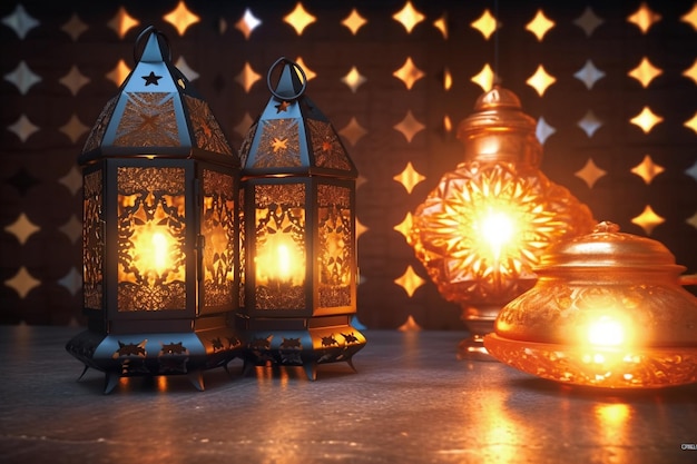 Drie lantaarns staat met lichte islamitische achtergrond Ramadan achtergrond