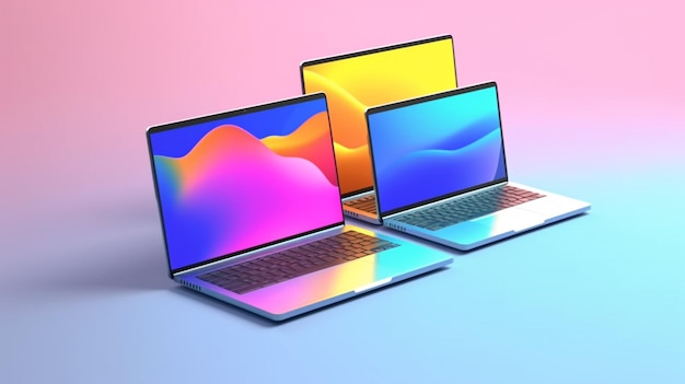 Drie laptops staan op een roze en blauwe achtergrond.