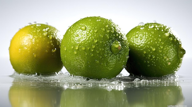 Drie limoenen met waterdruppels erop zitten op een tafel.