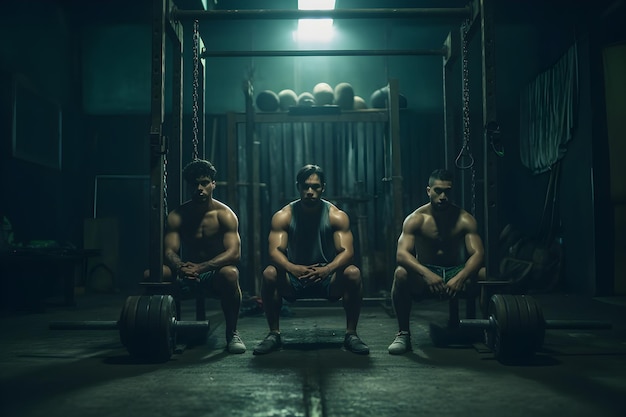 Foto drie mannen gehurkt in een sportschool met halters genereerden ai